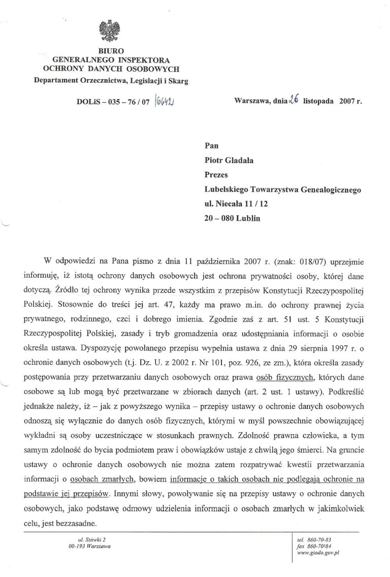 Wykorzystanie danych osób zmarłych – Pismo z GIODO