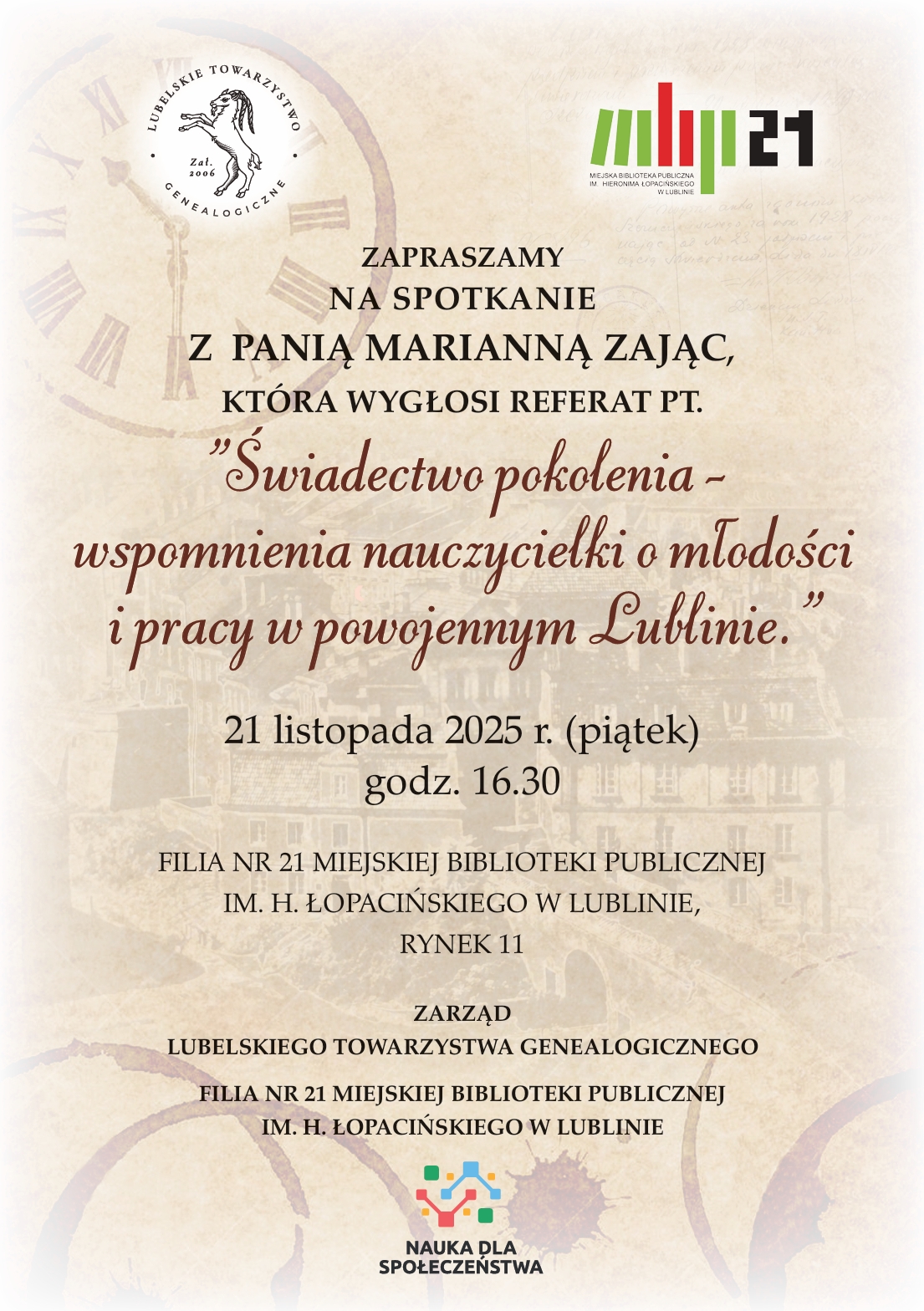 Zapraszamy na spotkanie pt. „Świedectwo pokolenia – wspomnienia nauczycielki o młodości i pracy w powojnennym Lublinie”