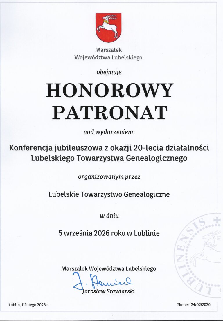 Honorowy Patronat Marszałka Województwa Lubelskiego dla Jubileuszowej Konferencji LTG